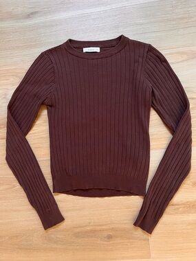 DISSH Ribbed Knit Top US 4 Brown Open Back Cutout Long Sleeve Fitted Minimalist